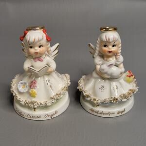 2 Vintage TMJ Angel Month April Sweet Pea October Cosmos Spaghetti Trim Dress